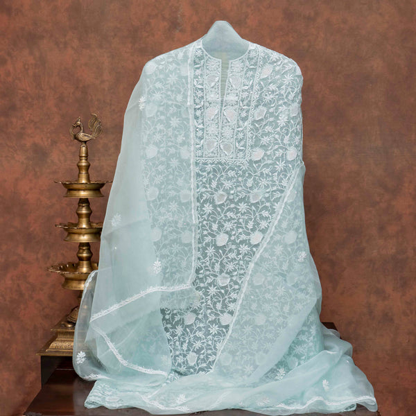 Pure Organza Silk Chikankari Kurta Fabric with Organza Silk Dupatta