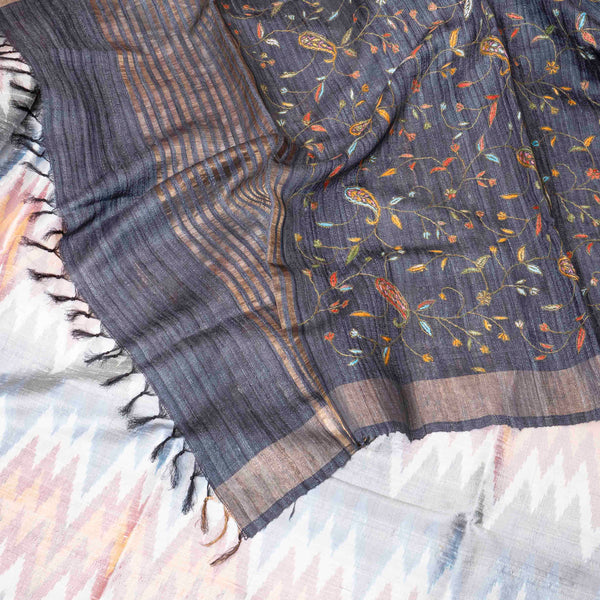 Handloom Raw Silk Pochampally Ikkat Kurta Fabric With Kashmiri Hand Embroidery Tussar Silk Dupatta