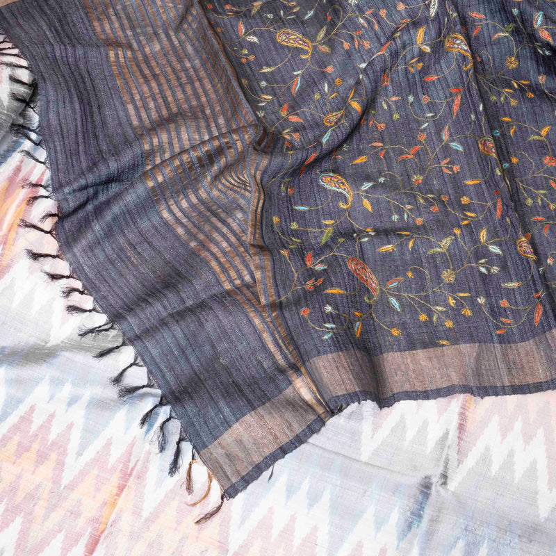 Handloom Raw Silk Pochampally Ikkat Kurta Fabric With Kashmiri Hand Embroidery Tussar Silk Dupatta