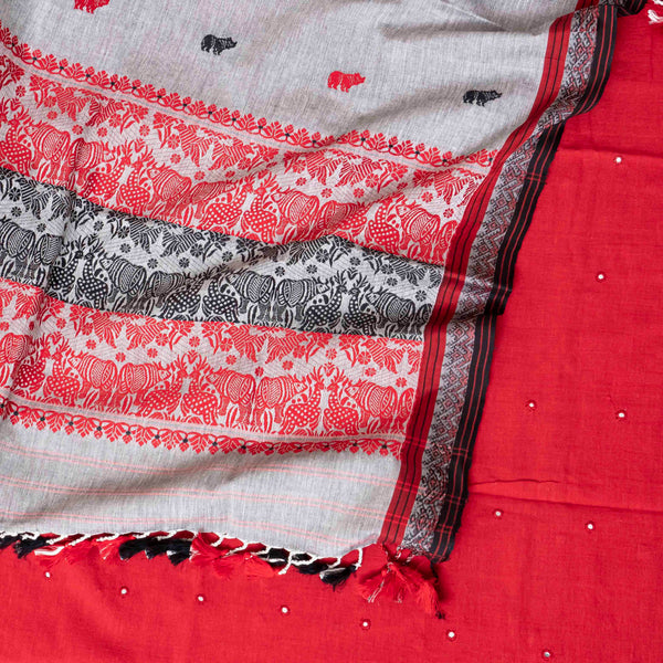 Handloom Kala Cotton Kurta Fabric With Mirror Work, Handloom Kala Cotton Bottom Fabric & Handloom Cotton Handweave Dupatta With Motif