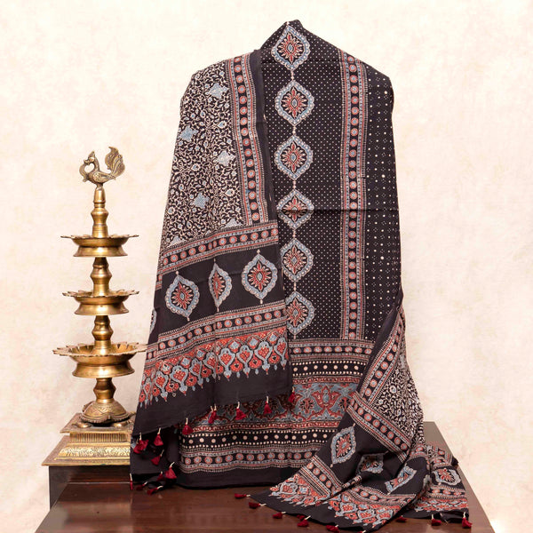 Hand Block Ajrakh Mul Cotton Kurta Fabric & Hand Block Ajrakh Mal Cotton Dupatta