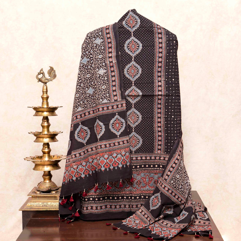 Hand Block Ajrakh Mul Cotton Kurta Fabric & Hand Block Ajrakh Mal Cotton Dupatta