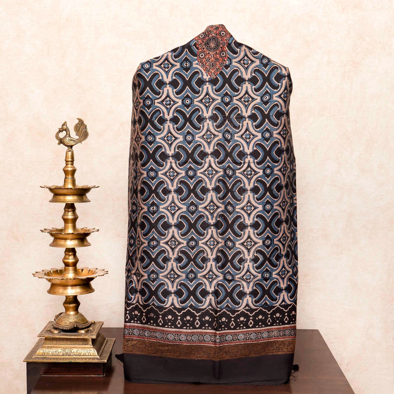 Hand Block Chanderi Ajrakh Kurta Fabric & Hand Block Chanderi Ajrakh Dupatta