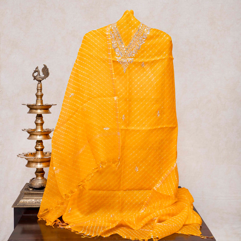 Hand Tie - Dye Kota Silk Kurta Fabric With Zari Hand Embroidery & Zari Hand Embroidery Dupatta