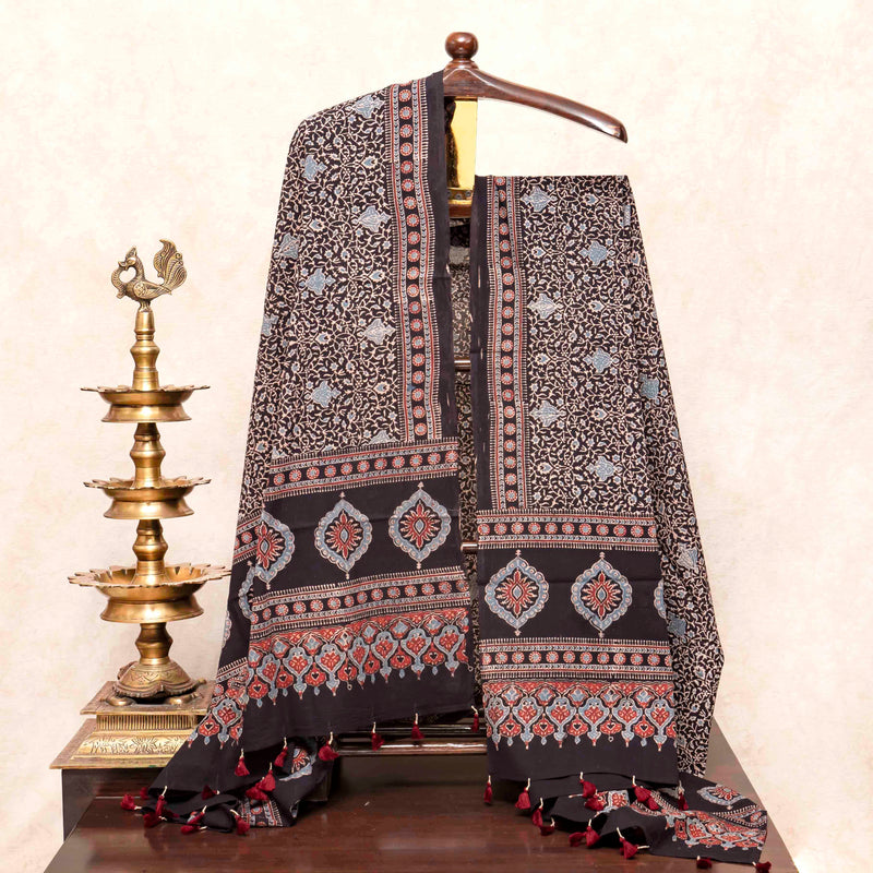 Hand Block Ajrakh Mul Cotton Kurta Fabric & Hand Block Ajrakh Mal Cotton Dupatta