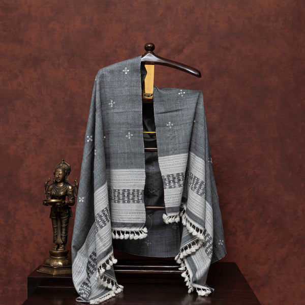 Mirror Work Grey Handloom Woollen Shawl From Kutch