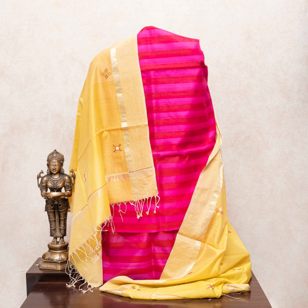Handloom Cotton Silk Striped Kurta, Bottom Fabric With Handloom Maheshwari Silk Lambani Dupatta