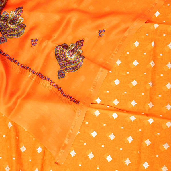 Handloom Chanderi Silk Bottom Fabric, Kashmiri Hand Embroidered Chanderi Silk Dupatta & Handloom Muslin Cotton Silk Jamdani Kurta Fabric