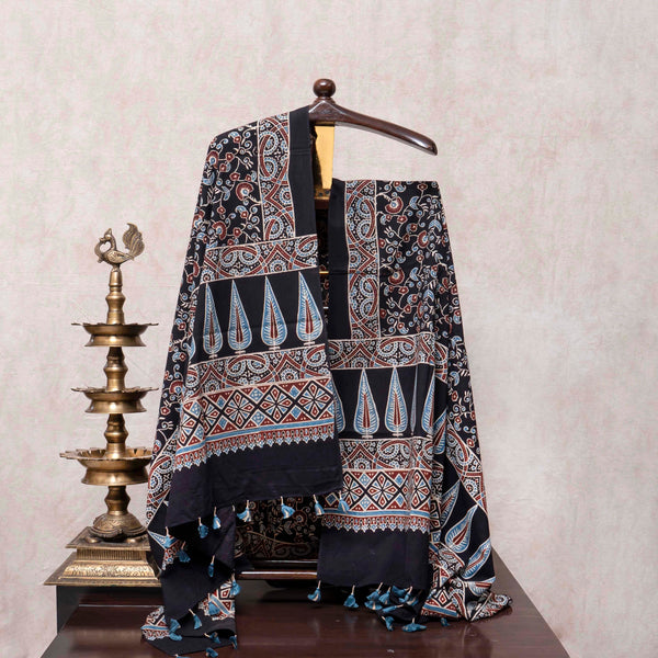 Paisley Ajrakh Hand Block Cotton Kurta & Dupatta With Hand Made Tassels