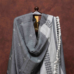 Mirror Work Grey Handloom Woollen Shawl From Kutch