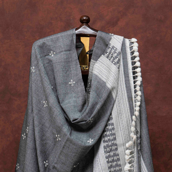 Mirror Work Grey Handloom Woollen Shawl From Kutch