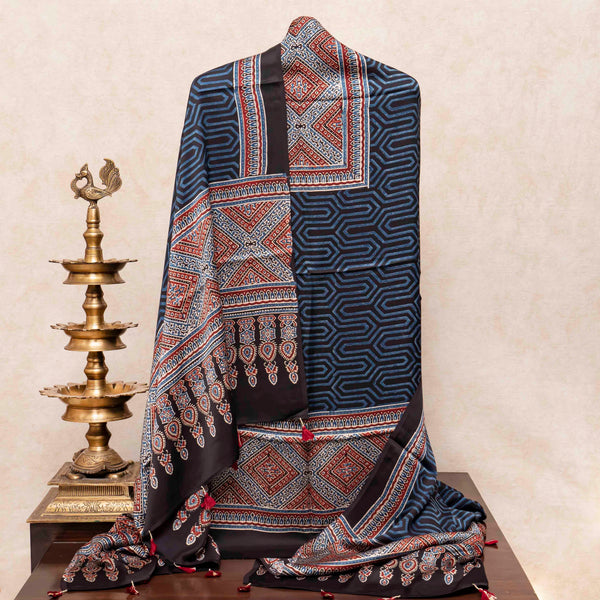 Ajrakh Hand Block Modal Silk Kurta Fabric & Ajrakh Hand Block Model Silk Dupatta