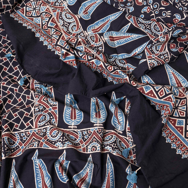 Paisley Ajrakh Hand Block Cotton Kurta & Dupatta With Hand Made Tassels