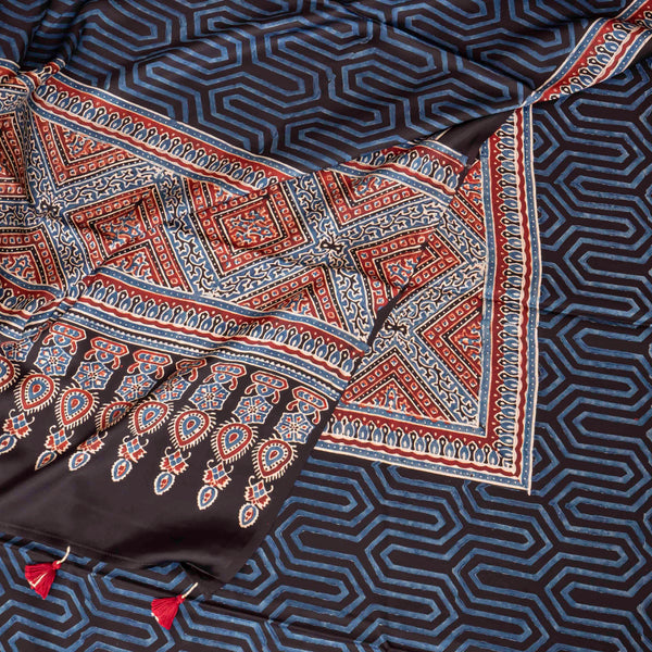 Ajrakh Hand Block Modal Silk Kurta Fabric & Ajrakh Hand Block Model Silk Dupatta