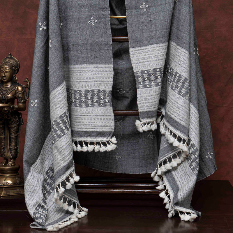 Mirror Work Grey Handloom Woollen Shawl From Kutch