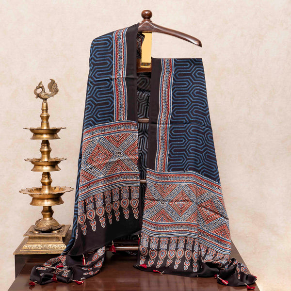 Ajrakh Hand Block Modal Silk Kurta Fabric & Ajrakh Hand Block Model Silk Dupatta