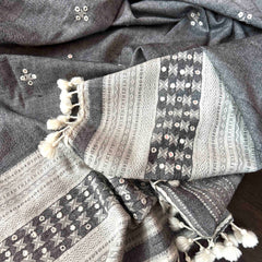 Mirror Work Grey Handloom Woollen Shawl From Kutch