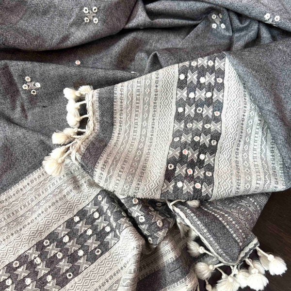 Mirror Work Grey Handloom Woollen Shawl From Kutch