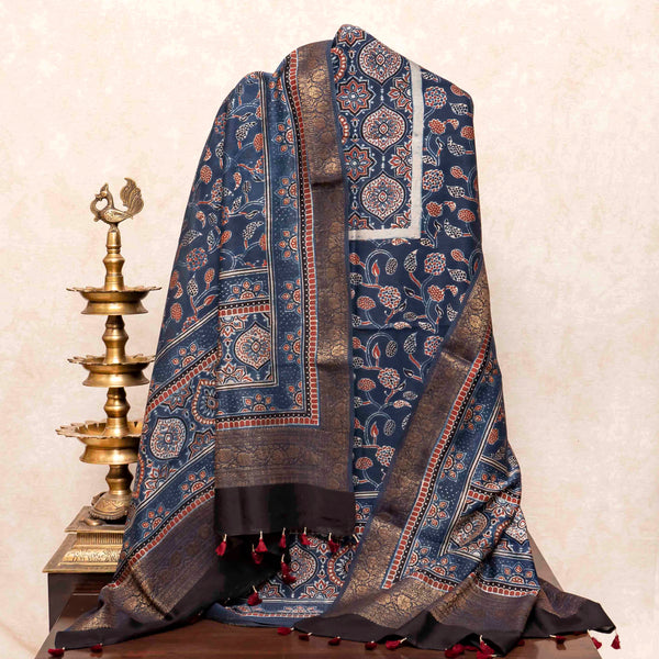 Hand Block Chanderi Ajrakh Kurta Fabric & Hand Block Chanderi Ajrakh Dupatta