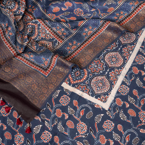 Hand Block Chanderi Ajrakh Kurta Fabric & Hand Block Chanderi Ajrakh Dupatta