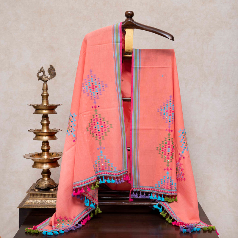 Handloom Kala Cotton Suit Set with Mirror Work – Kurta, Bottom & Dupatta