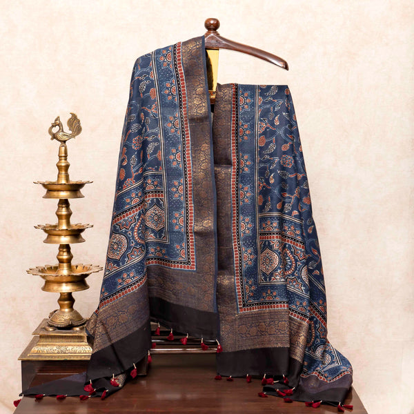 Hand Block Chanderi Ajrakh Kurta Fabric & Hand Block Chanderi Ajrakh Dupatta