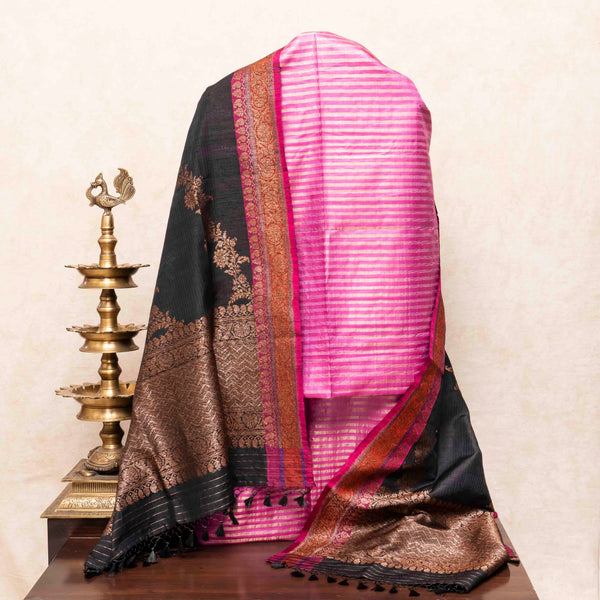 Handloom Tussar Silk Kurta, Bottom Fabric With Golden Stripes & Handloom Raw Silk Dupatta With Antique Zari