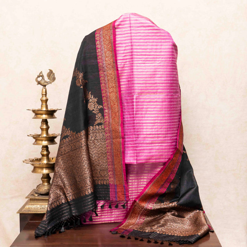 Handloom Tussar Silk Kurta, Bottom Fabric With Golden Stripes & Handloom Raw Silk Dupatta With Antique Zari