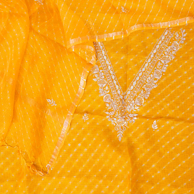 Hand Tie - Dye Kota Silk Kurta Fabric With Zari Hand Embroidery & Zari Hand Embroidery Dupatta