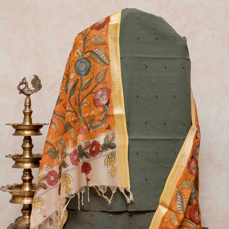 Handloom Kala Cotton Suit Set with Mirror Work and Kalamkari Kota Doria Dupatta