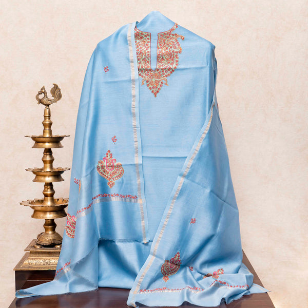 Kashmiri Hand Embroidered Chanderi Silk Kurta Fabric & Kashmiri Hand Embroidery Chandari Silk Dupatta