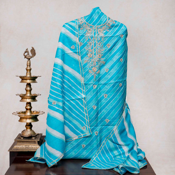 Hand Tie - Dye Tussar Silk Lehriya Kurta Fabric With Zari Hand Embroidery & Tussar Silk Lehriya Dupatta