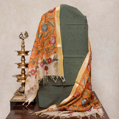 Handloom Kala Cotton Suit Set with Mirror Work and Kalamkari Kota Doria Dupatta