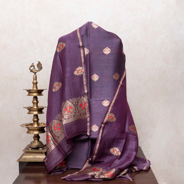 Handloom Purple Linen Silk Suit With Kadwa Weave