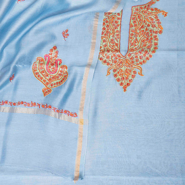 Kashmiri Hand Embroidered Chanderi Silk Kurta Fabric & Kashmiri Hand Embroidery Chandari Silk Dupatta