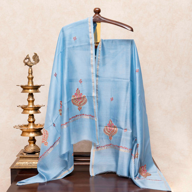Kashmiri Hand Embroidered Chanderi Silk Kurta Fabric & Kashmiri Hand Embroidery Chandari Silk Dupatta