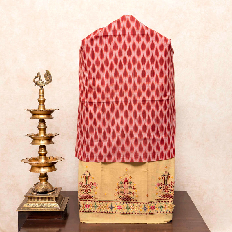 Handloom Cotton Ikkat Kurta Fabric With Natural Dye & Handloom Kala Cotton Bottom Fabric With Soof Embroidery