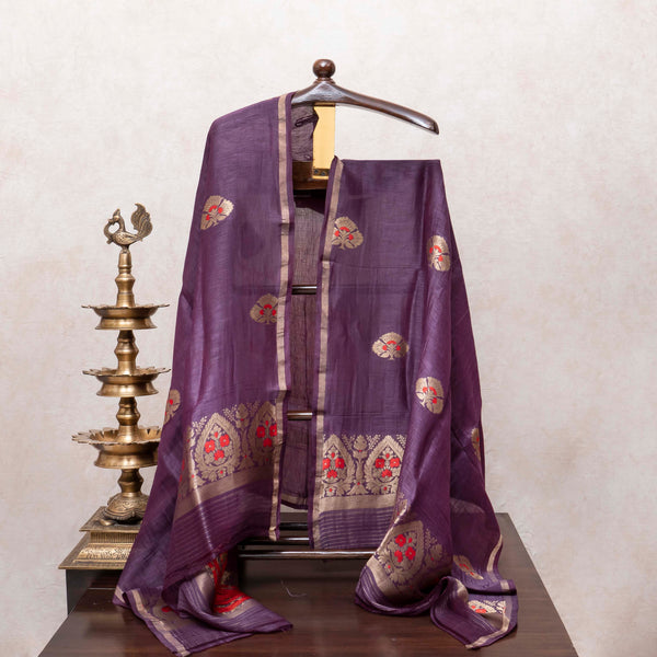 Handloom Purple Linen Silk Suit With Kadwa Weave