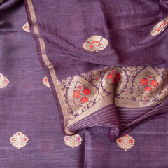 Handloom Purple Linen Silk Suit With Kadwa Weave