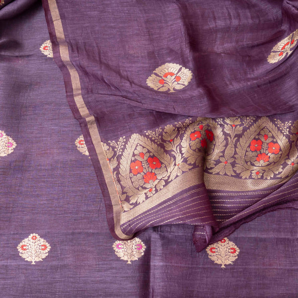 Handloom Purple Linen Silk Suit With Kadwa Weave