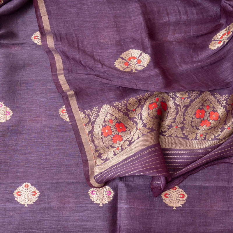 Handloom Purple Linen Silk Suit With Kadwa Weave