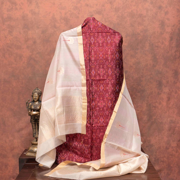 Handloom Ikkat Raw Silk Kurta Fabric With Handloom Pattu Silk Dupatta With Kadwa Booti