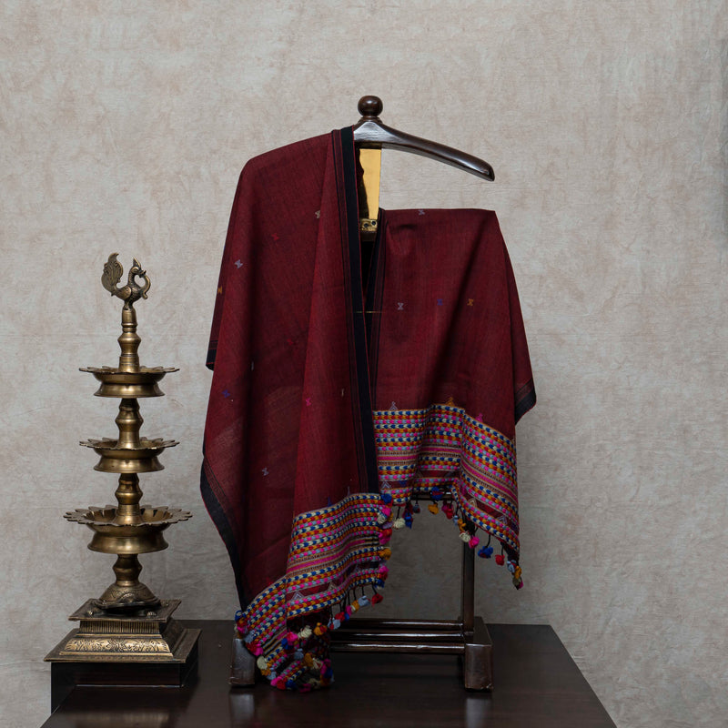 Maroon Handlwoven Woollen Stole From Kutch