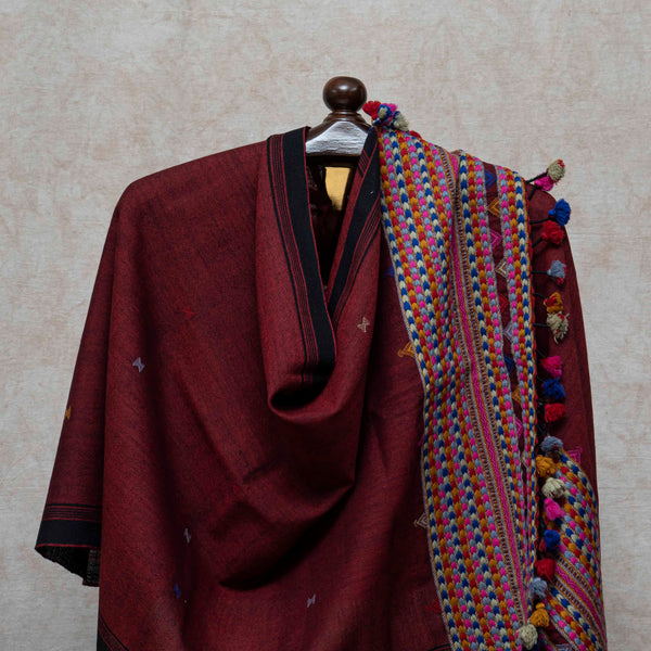 Maroon Handlwoven Woollen Stole From Kutch