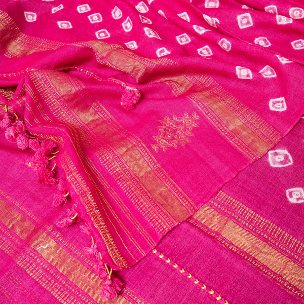 Handwoven Woollen Bandhini Pink Stole