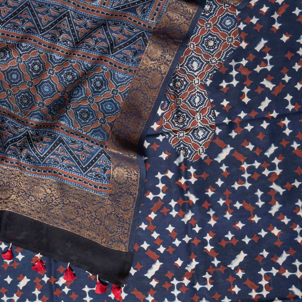 Hand Block Ajrakh Chandari Silk Kurta Fabric & Hand Block Ajrakh Chandari Silk Dupatta