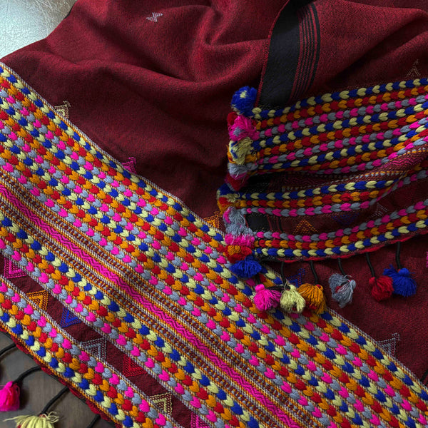 Maroon Handlwoven Woollen Stole From Kutch