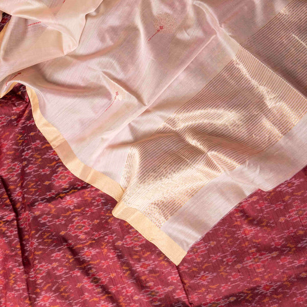 Handloom Ikkat Raw Silk Kurta Fabric With Handloom Pattu Silk Dupatta With Kadwa Booti