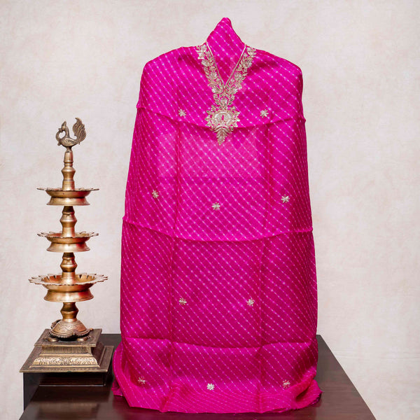 Hand Tie - Dye Kota Silk Kurta Fabric With Zari Hand Embroidery & Zari Hand Embroidery Dupatta