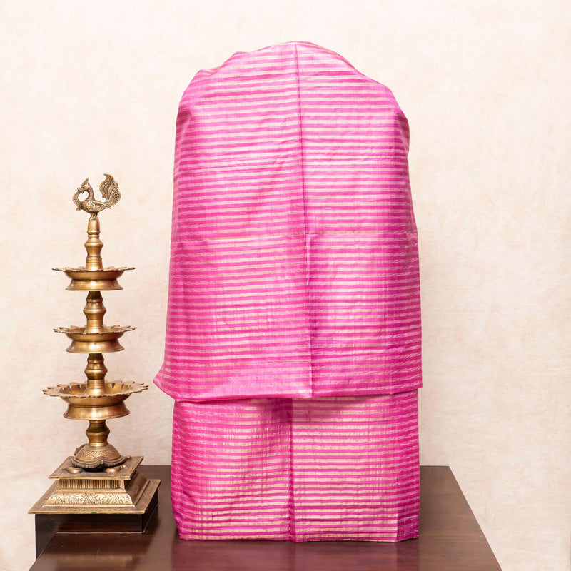 Handloom Tussar Silk Kurta, Bottom Fabric With Golden Stripes & Handloom Raw Silk Dupatta With Antique Zari